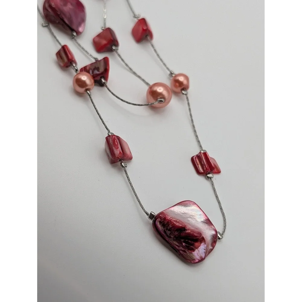 Unsigned Pink Mother of Pearl Shell Multi Strand Necklace and Earring Set Boho